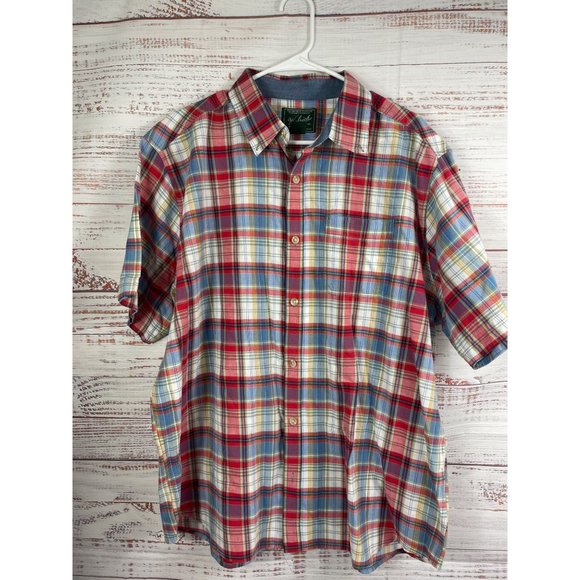 Mens WOOLRICH Red Blue Gold Plaid Short Sleeve Button Down Shirt sz XL - Picture 2 of 9